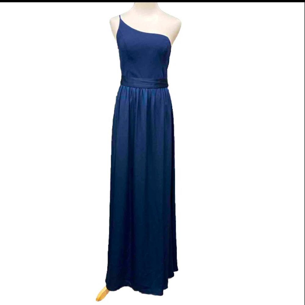 David’s Bridal navy one shoulder gown size 8